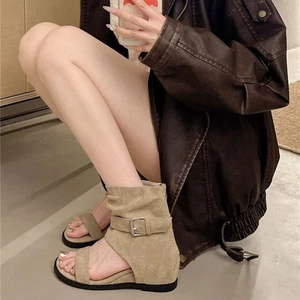 Flow Design Niche One-word Open-toe Sandals Women's Inner Heightening Retro Roman Sandals Summer