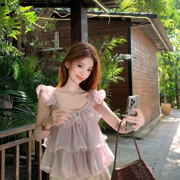Áo sơ mi voan lá sen ngọt ngào nhẹ nhàng phong cách Hàn Quốc khí chất búp bê cà vạt dáng rộng