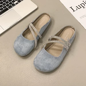 Baotou Half Slippers Women's Shoes New Summer With Skirt Retro French Lazy One-leg Rhinestone Sa