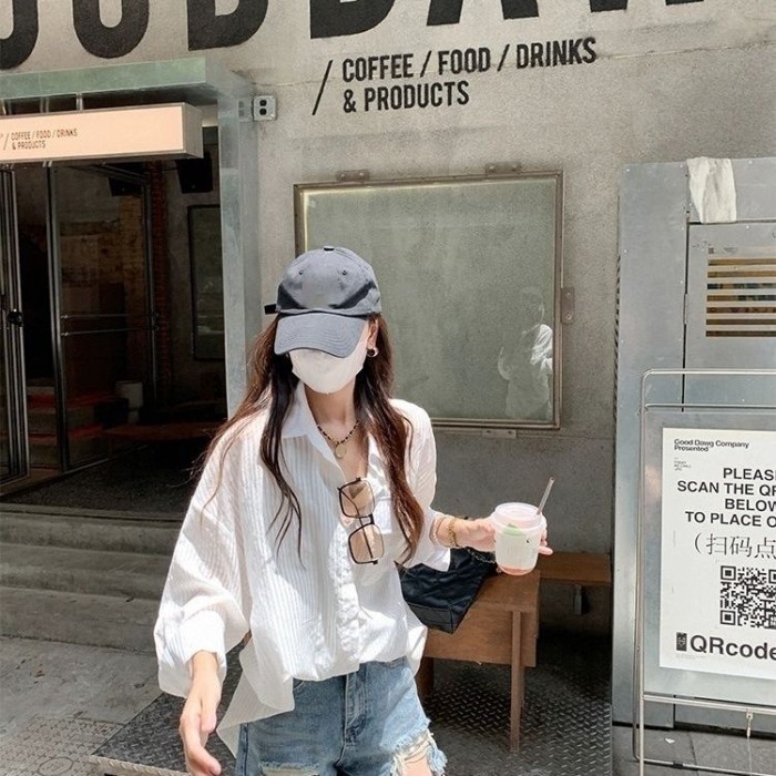 Trắng Chống Nắng Áo Sơ Mi Sọc Mùa Hè Mới Lười Áo Khoác Mỏng Dài Tay Áo Cardigan Top