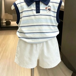 Bộ đồ polo sọc mùa hè Hàn Quốc không tay áo vest hai mảnh quần short thời trang bé trai phong cách