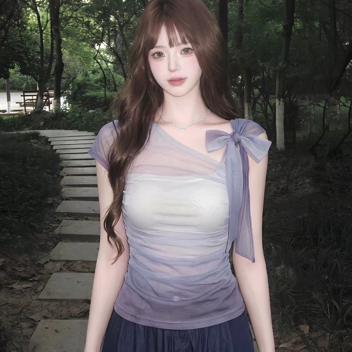 Korean Style Off-shoulder Mesh T-shirt Purple Good-looking Slim Short-sleeved Bow Waist Top