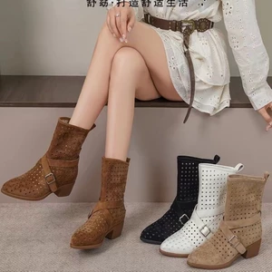 Retro Mới Cao Bồi Miền Tây Mùa Hè Động Giày Thắt Lưng Rỗng Tăng Chiều Cao Giày Boot Cổ Ngắn Giày