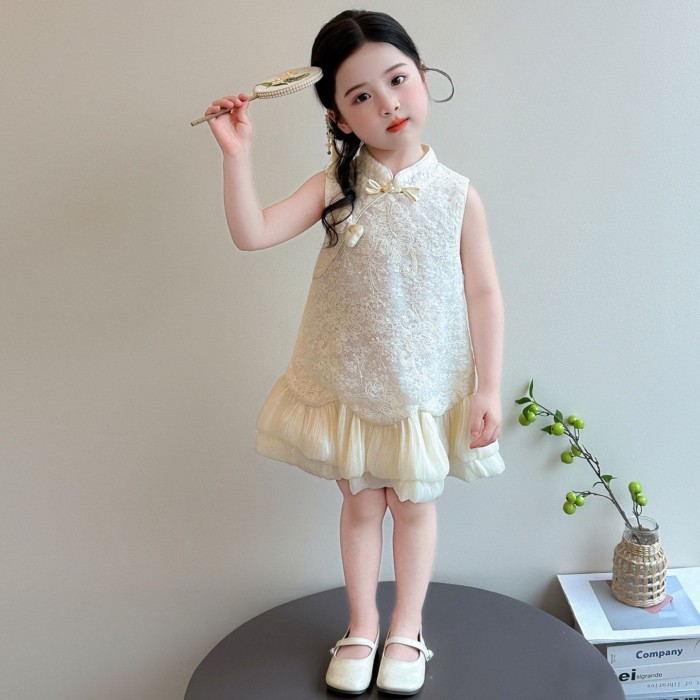 Girls' Cheongsam Skirt Summer Baby Girl Lace Sleeveless Button National Style Dress Children'