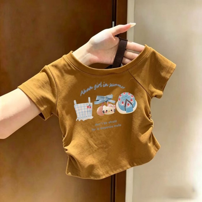 Áo thun lệch vai gừng bé gái cotton nguyên chất mùa hè mỏng xếp ly in hình tay ngắn trễ vai kiểu