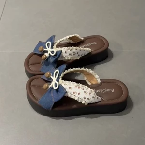 Korean Style Bow Flip-flops For Women Summer New Outer Wear Platform Sole Non-slip Beach Slipper