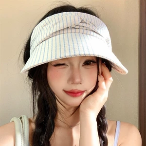 Japanese Style Cotton And Linen Striped Empty Top Hat For Women In Summer With Large Brim And Sm