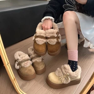 Giant Good-looking Snow Boots Thick Soles Heightening Winter Cute Bow Slip-on Woolen Cotton S