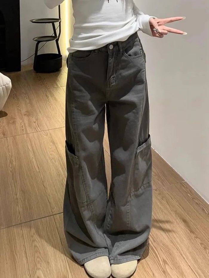 Gray Denim Overalls For Women American Retro High-waisted Loose Design Straight-leg Slimming