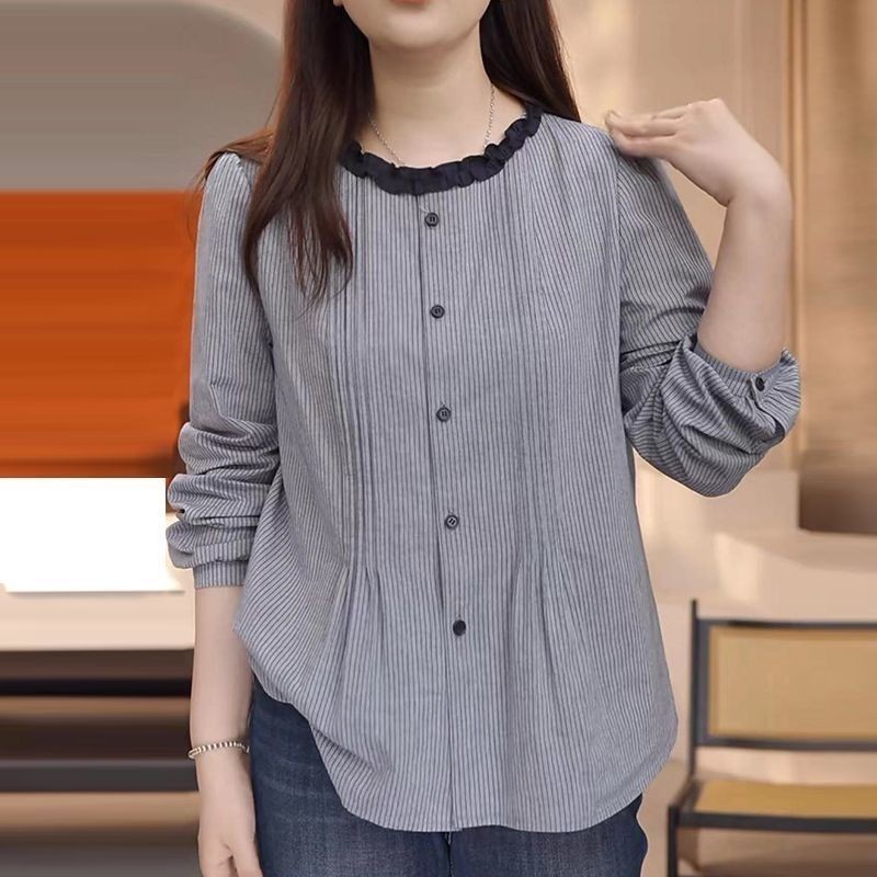 Lan - Áo sơ mi nữ form ôm, tay dài sọc, thời trang cho mẹ trung niên