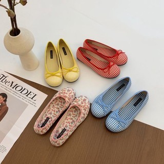 Dopamine Plaid Niche Sweet Pattern Red Ballet Bow Mary Jane Shoes Women's Flat Evening Shoes
