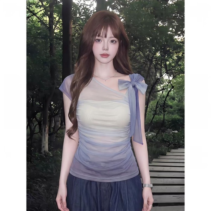 Korean Style Off-shoulder Mesh T-shirt Purple Good-looking Slim Short-sleeved Bow Waist Top