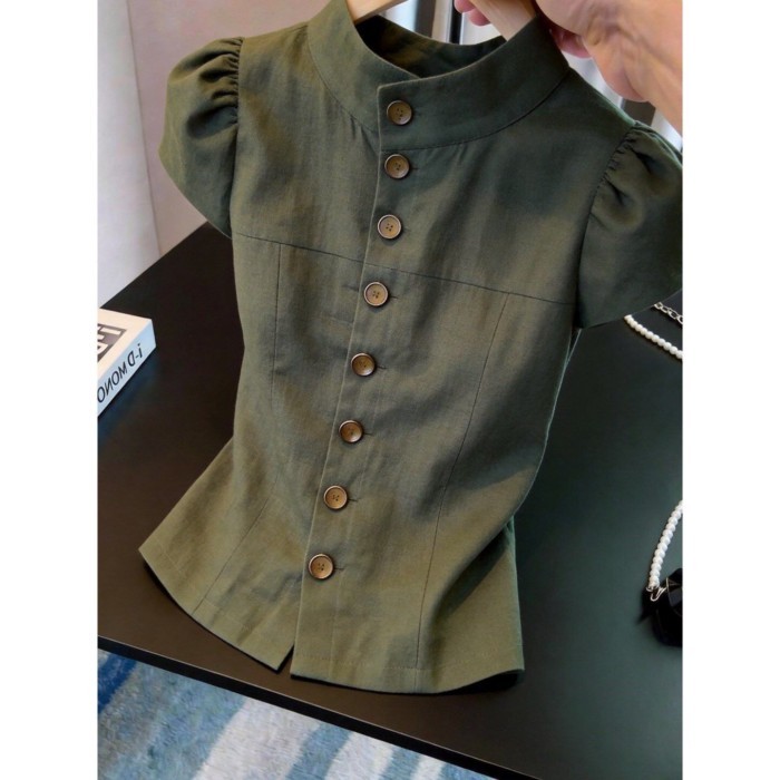 French Puff Sleeve Military Green Button Top For Women, Slim And High-end Design, Super Nice