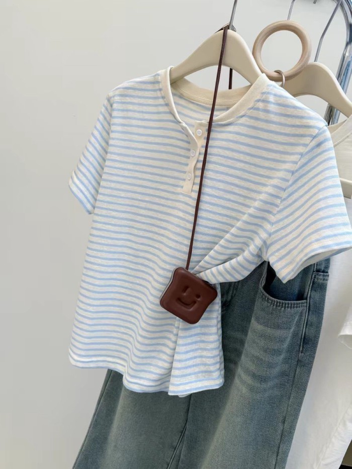 New Summer Style Korean Tops With Buttoned Short-sleeved T-shirts For Women, Loose Half-open Col