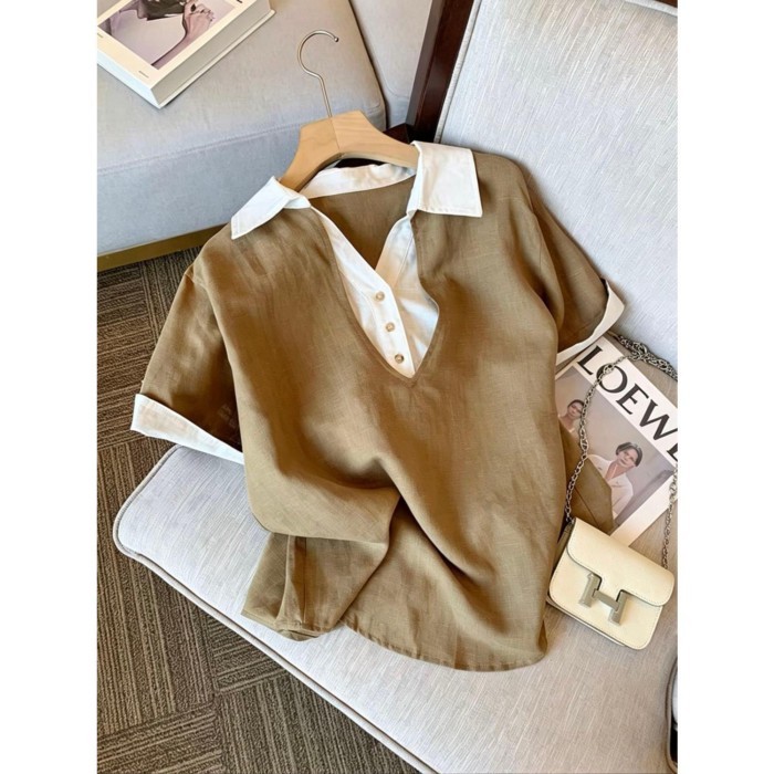 Designed Fake Two-piece Short-sleeved Shirt Top For Women, Loose Temperament And Versatile Sh