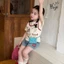 cô gái hoạt hình giả hai mảnh tay ngắn vá quần short denim hai mảnh mùa hè phong cách mới phong