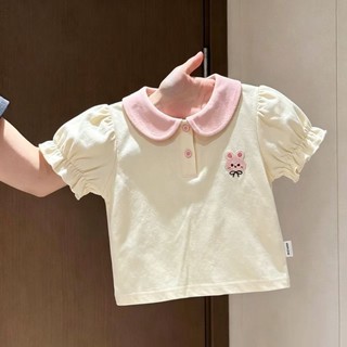 Áo thun ngắn tay thêu gấu mùa hè dành cho bé gái mùa hè ngọt ngào lưng ngắn chất cotton dễ thương d