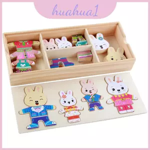 Trẻ em bằng gỗ nhận thức thỏ nhỏ ăn mặc xếp hình với các nhân vật động vật để học tập và vui nhộn