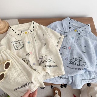 Bộ đồ vải lanh bộ đồ mùa hè áo len dáng rộng in hình cún con đa năng cho trẻ em bộ đồ ngắn tay