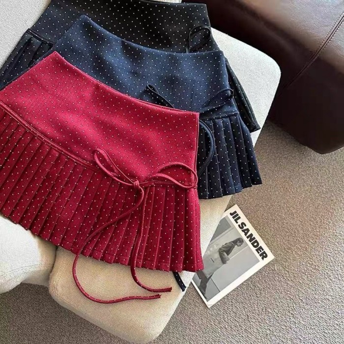 Ngọt ngào thắt nơ chấm bi eo cao váy ôm váy xếp li váy chữ a váy ngắn dành cho nữ