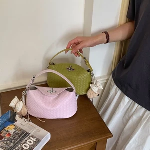 Woven Shoulder Bag, Sweet Girly Style, High-end Dopamine Handbag, Bucket Bag, Large Capacity Cro