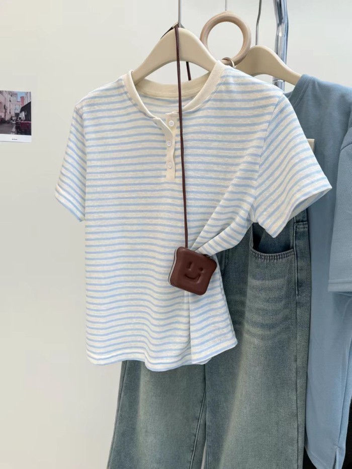 New Summer Style Korean Tops With Buttoned Short-sleeved T-shirts For Women, Loose Half-open Col