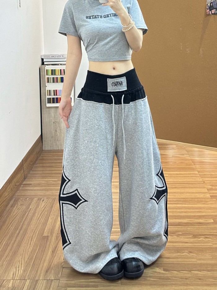 Quần thể thao ống rộng thiết kế in họa tiết cho nữ mùa hè mới quần dài cạp cao dáng rộng cạp