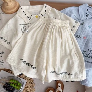 Bộ đồ vải lanh bộ đồ mùa hè áo len dáng rộng in hình cún con đa năng cho trẻ em bộ đồ ngắn tay