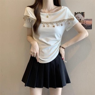 Korean Version Of Fashionable Retro Heavy Industry Tassel Design Square Neck Short-sleeved T-
