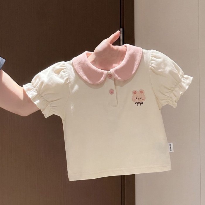 nguyên chất cotton mùa hè mới hoạt hình dễ thương cho bé gái và trẻ em bé ngọt ngào cổ búp bê áo