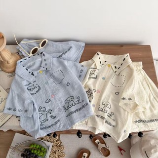 Bộ đồ vải lanh bộ đồ mùa hè áo len dáng rộng in hình cún con đa năng cho trẻ em bộ đồ ngắn tay