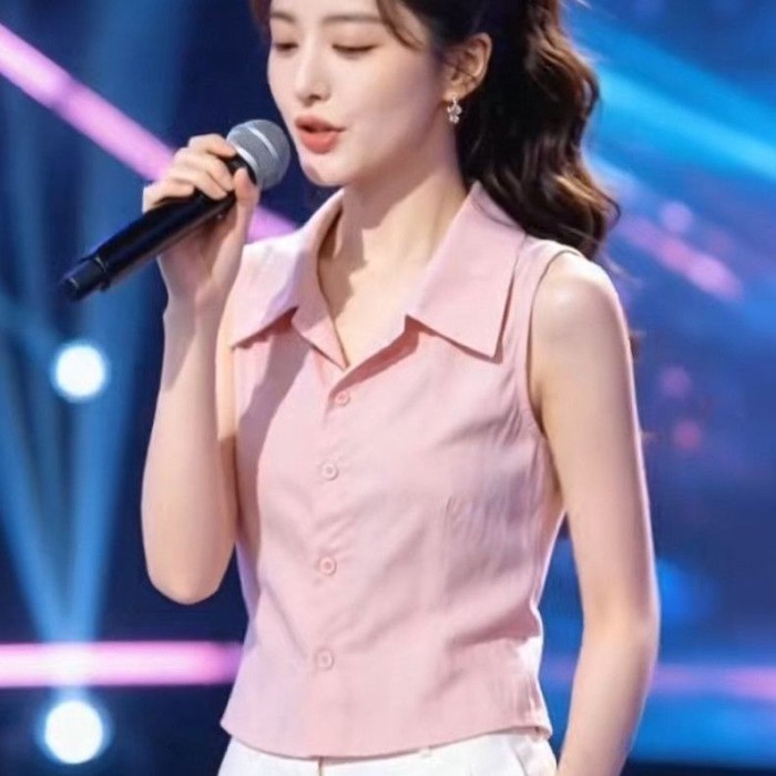 Lan ~ Áo sơ mi không tay màu hồng cao cấp kiểu Pháp dành cho nữ Mùa hè Ve áo đơn viền mỏng hơn Nhìn đi lại Áo phù hợp