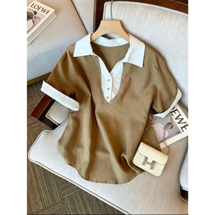 Designed Fake Two-piece Short-sleeved Shirt Top For Women, Loose Temperament And Versatile Sh