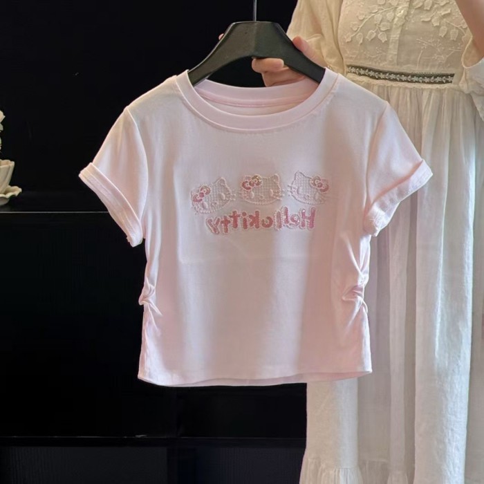 Bé Gái Thêu KT Áo Thun Nữ Tay Ngắn 26 Mùa Hè Mới Trẻ Em Hello Kitty Đính Hạt Cườm Eo Ngọt Top Dễ
