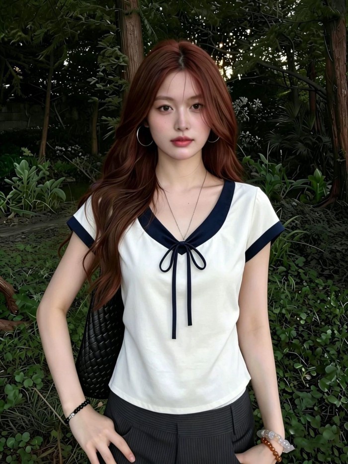 Pure Cotton Korean Style Niche V-neck Contrasting Color Short-sleeved T-shirt For Women Summe