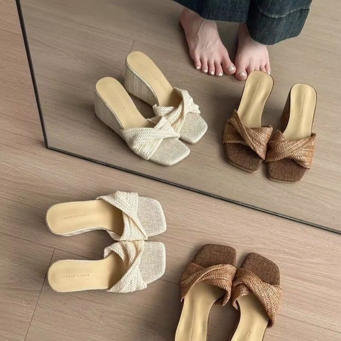 Rừng mục vụ phong cách nông miệng vuông mũi giày cho nữ mùa hè vải lanh rơm đáy phẳng thoáng