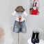 Bộ đồ bé gái mùa hè phiên bản Hàn Quốc mèo hoạt hình ngắn tay hình ngôi sao quần denim hai mảnh