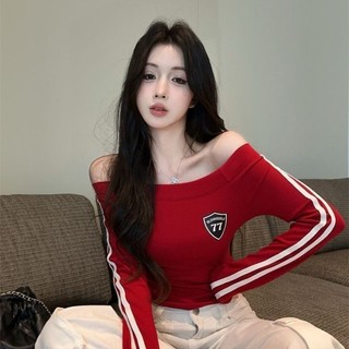 Áo thun một chữ khâu màu tương phản phong cách retro dành cho nữ mùa xuân thu đáy ngắn giảm b