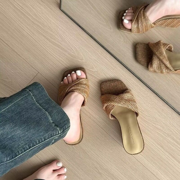 Rừng mục vụ phong cách nông miệng vuông mũi giày cho nữ mùa hè vải lanh rơm đáy phẳng thoáng