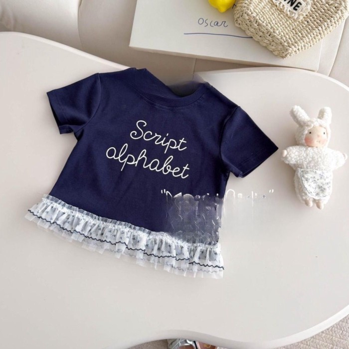 Girls Sweet Style Short-sleeved T-shirt Summer New Style Versatile Lace Top Korean Style Childre