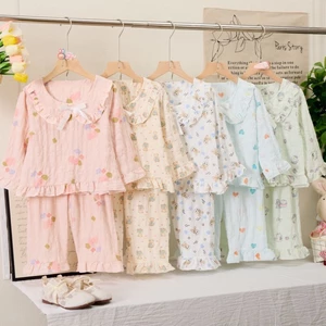 Mùa Hè Mới Cổ Phối Ren Cloud Cotton Nơ Trẻ Em Ở Nhà Quần Áo Bé Gái Bộ Đồ Ngủ Điều Hòa Không Khí