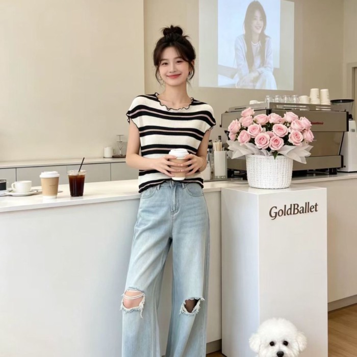 Korean Chic Striped Contrasting Waistcoat T-shirt For Women Summer New Style Slimming And Chi