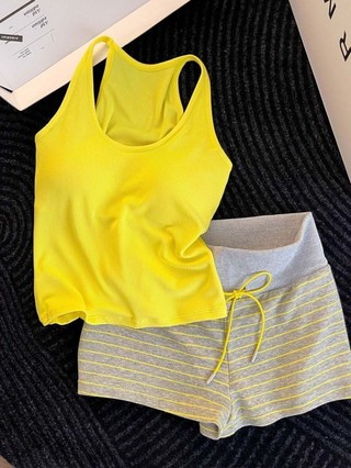 Yellow Striped Pajamas Women's Padded Vest Shorts Pure Desire Home Clothes Set Can Be Weared