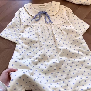 Bow-knot Polka-dot Pajamas For Women With Lace-up Doll Collar Short-sleeved Shorts And Loose