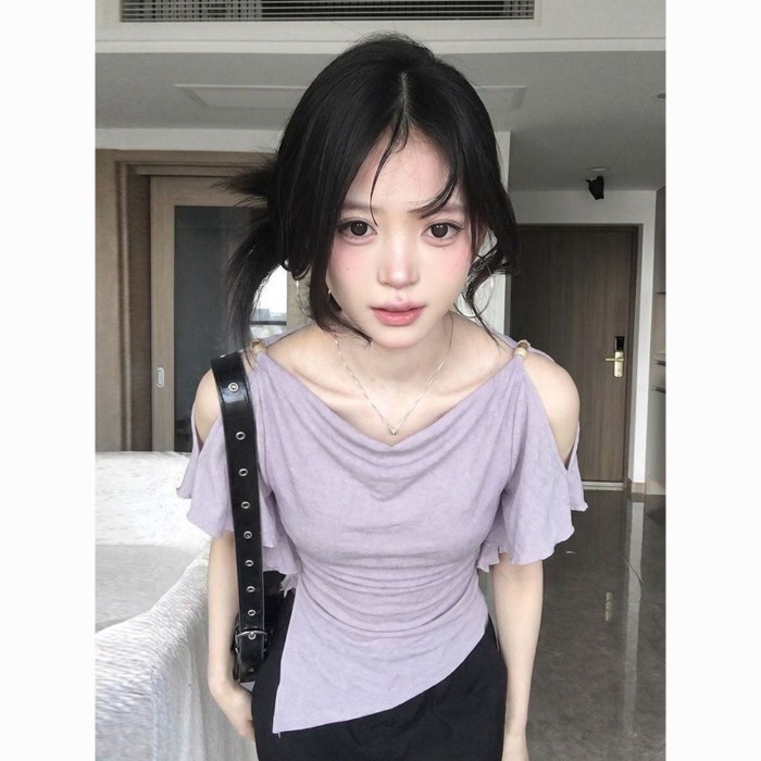 Hot Girls Swing Collar Ruffled Off-the-Shoulder Women's Summer New Pure Desire Niche Irregular P