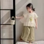 bộ đồ mỏng bé gái mùa xuân hè phong cách mới ba tầng xếp nếp ngắn tay ống rộng quần chín điểm dà