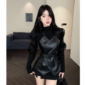 Bộ vest hai mảnh thời trang Hàn Quốc cổ cao giảm béo đáy mỏng không đều