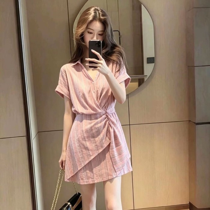 French Striped Short-sleeved Dress Women's Summer New Design Pleated Irregular Waist Slimming