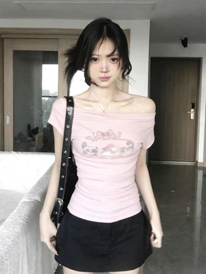 Áo thun ngắn tay trễ vai in chữ Hàn Quốc dành cho nữ thiết kế áo trễ vai lưng cao cấp