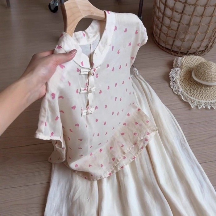 Lan ~ Bán Chạy Đẹp Nút Phong Cách Trung Hoa Trái Tim Tình Yêu Áo Vest Phong Cách Trung Hoa Mùa Hè Tay Ngắn Phong Cách Mới Văn Học Áo Sơ Mi Giảm Tuổi